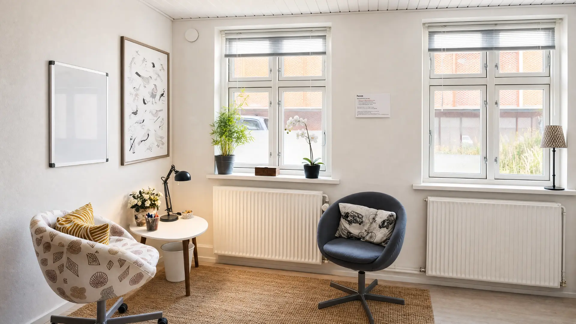 Samtalerummet hos Mimers Loft set i fuld bredde med stole, lyse vinduer og bord