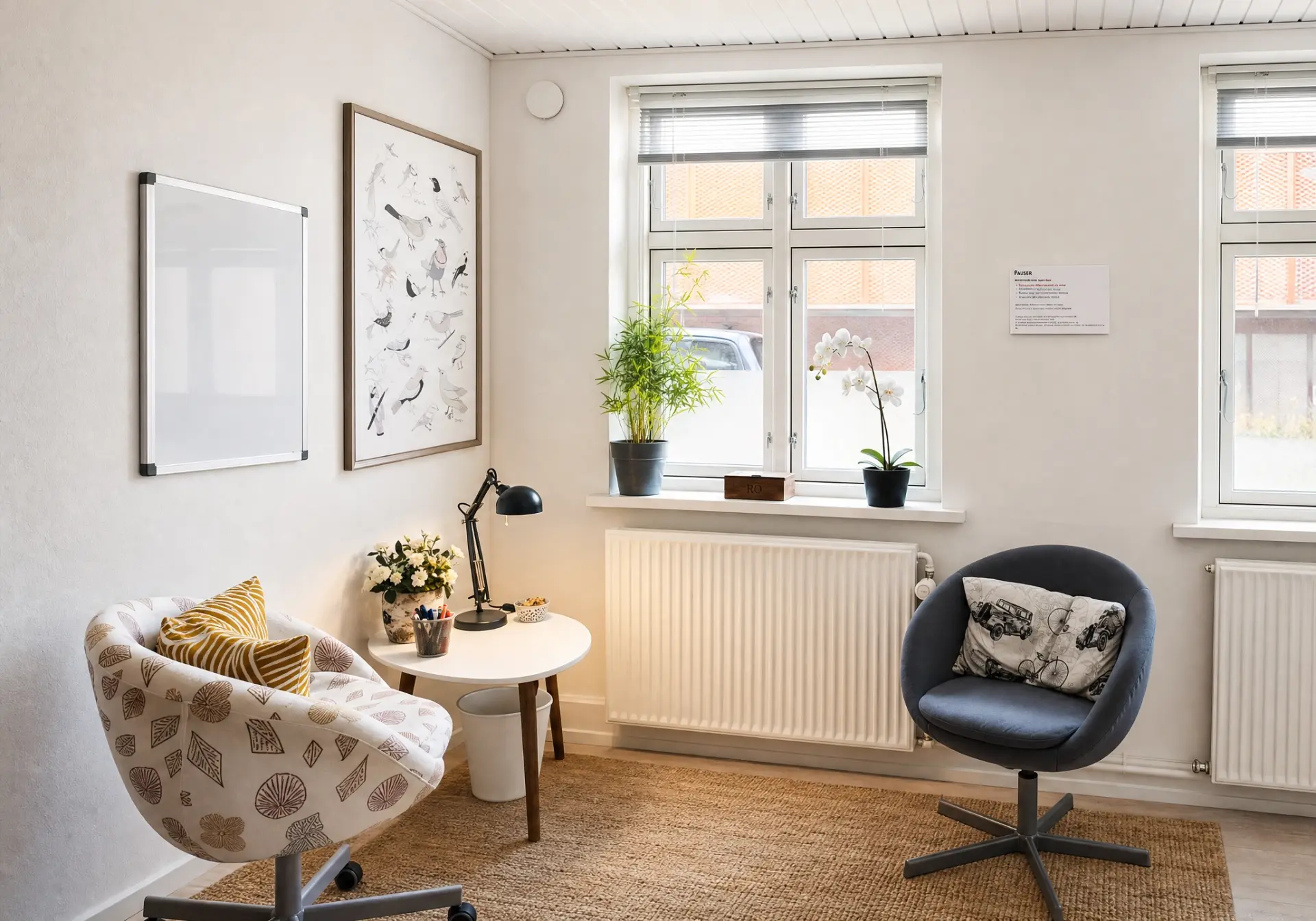 Konsultationsrummet hos Mimers Loft i Næstved med to lænestole, lyse vægge og planter i vinduet